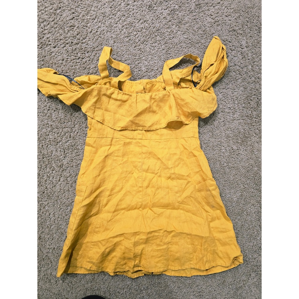 Forever 21 Mustard Yellow 100% Linen Cold Shoulder Ruffle Mini Dress Medium - Picture 4 of 11